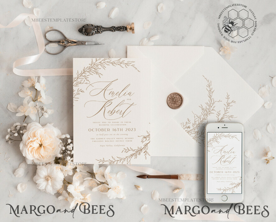 TEMPLETT wedding invitation download Fine Art Blush wedding Invitations Evite Set Template, Instant Download Printable Invites Home Printing, Boho Chick Invitation Set WBoho17