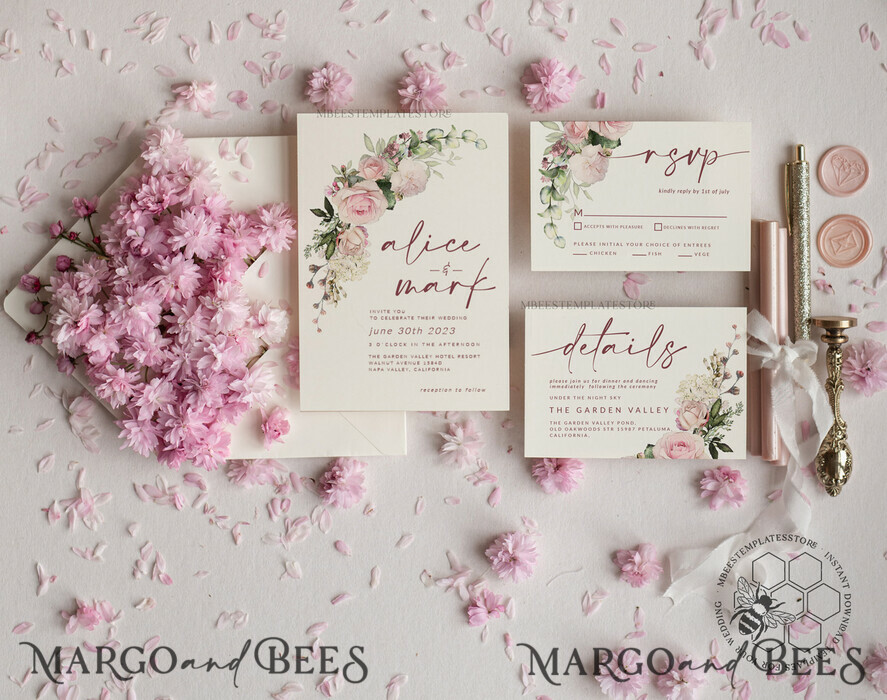 TEMPLETT wedding invitation download Elegant Blush wedding Invitation Template, Instant Download Printable Invites Home Printing, Pink Roses Wedding Invitation Card Set Template