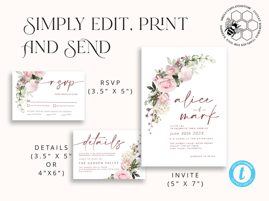 TEMPLETT wedding invitation download Elegant Blush wedding Invitation Template, Instant Download Printable Invites Home Printing, Pink Roses Wedding Invitation Card Set Template