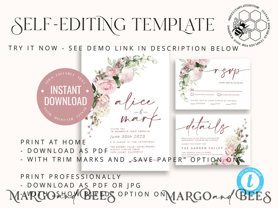 TEMPLETT wedding invitation download Elegant Blush wedding Invitation Template, Instant Download Printable Invites Home Printing, Pink Roses Wedding Invitation Card Set Template