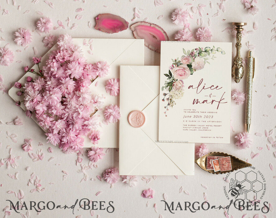 TEMPLETT wedding invitation download Elegant Blush wedding Invitation Template, Instant Download Printable Invites Home Printing, Pink Roses Wedding Invitation Card Set Template