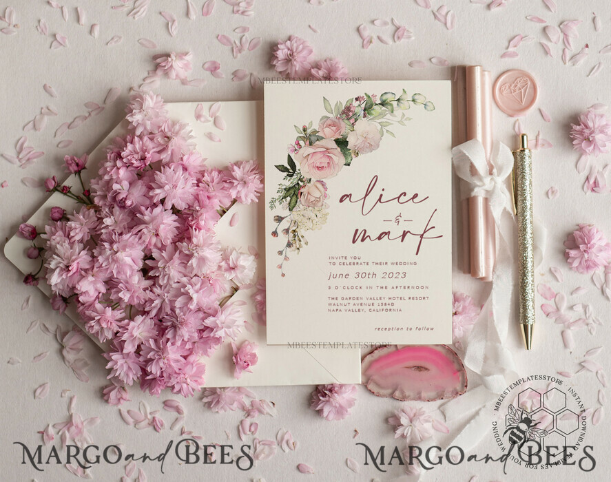 TEMPLETT wedding invitation download Elegant Blush wedding Invitation Template, Instant Download Printable Invites Home Printing, Pink Roses Wedding Invitation Card Set Template