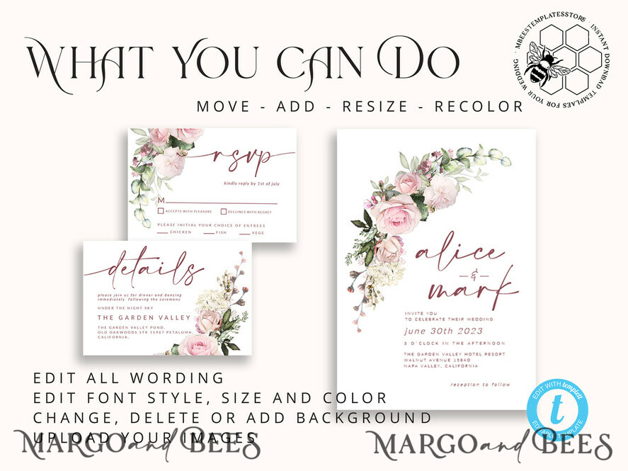 TEMPLETT wedding invitation download Elegant Blush wedding Invitation Template, Instant Download Printable Invites Home Printing, Pink Roses Wedding Invitation Card Set Template