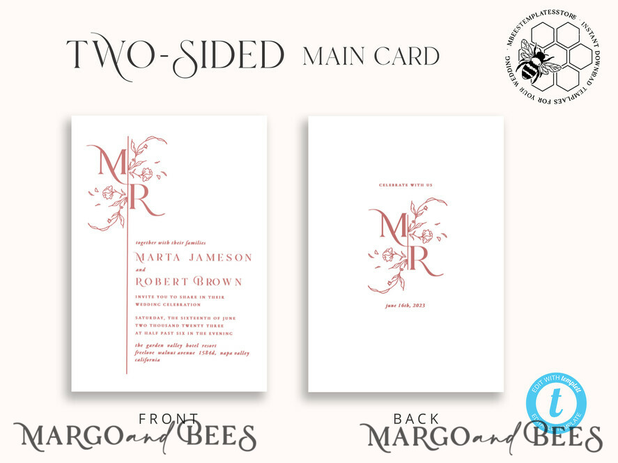 TEMPLETT wedding invitation download Modern wedding Invitations Set Template, Instant Download Printable Invites Home Printing, Simple Elegant Wedding Invitation Card Set WMin1