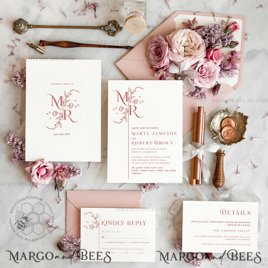 TEMPLETT wedding invitation download Modern wedding Invitations Set Template, Instant Download Printable Invites Home Printing, Simple Elegant Wedding Invitation Card Set WMin1