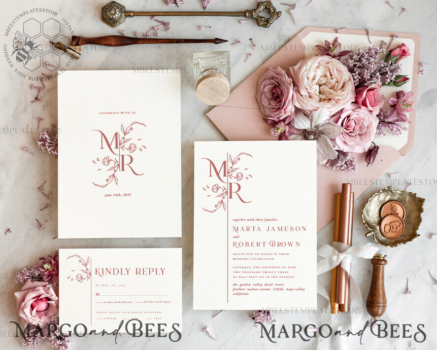 TEMPLETT wedding invitation download Modern wedding Invitations Set Template, Instant Download Printable Invites Home Printing, Simple Elegant Wedding Invitation Card Set WMin1