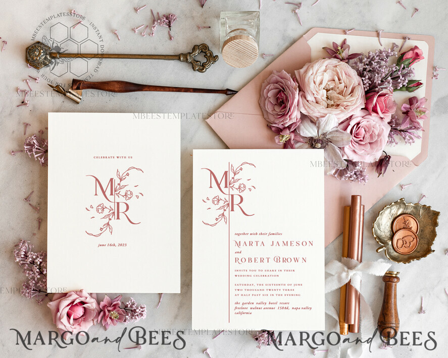 TEMPLETT wedding invitation download Modern wedding Invitations Set Template, Instant Download Printable Invites Home Printing, Simple Elegant Wedding Invitation Card Set WMin1