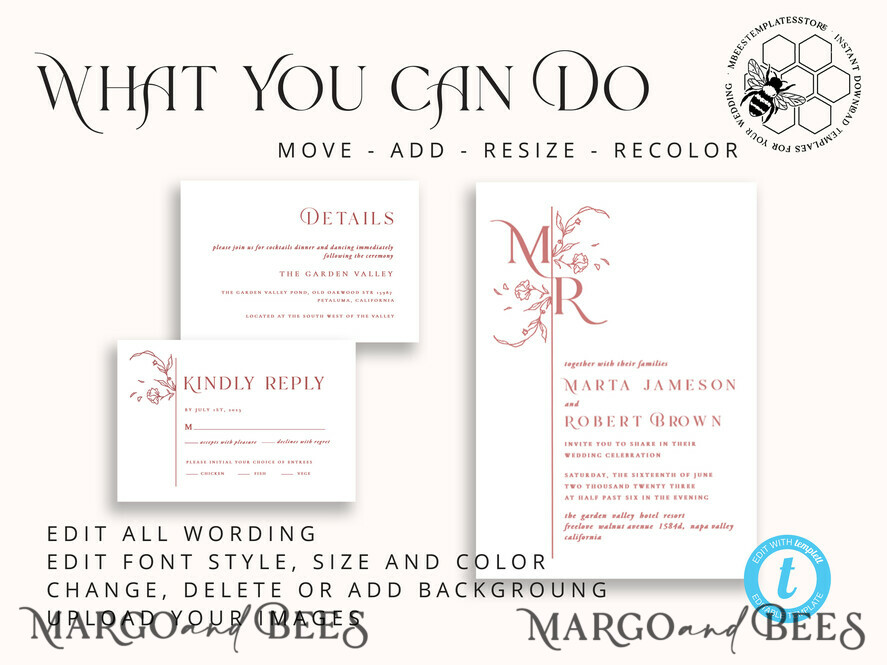 TEMPLETT wedding invitation download Modern wedding Invitations Set Template, Instant Download Printable Invites Home Printing, Simple Elegant Wedding Invitation Card Set WMin1
