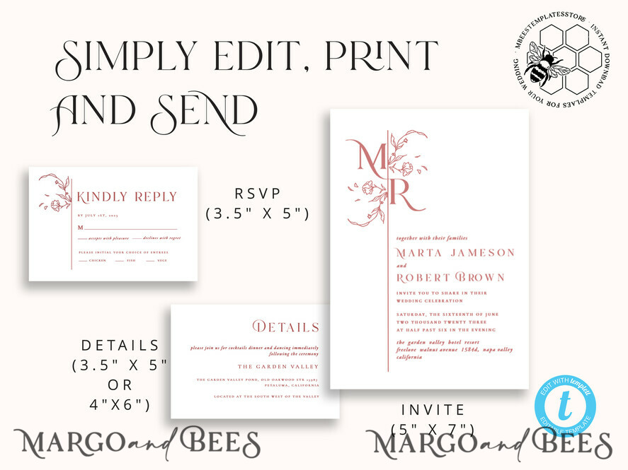 TEMPLETT wedding invitation download Modern wedding Invitations Set Template, Instant Download Printable Invites Home Printing, Simple Elegant Wedding Invitation Card Set WMin1