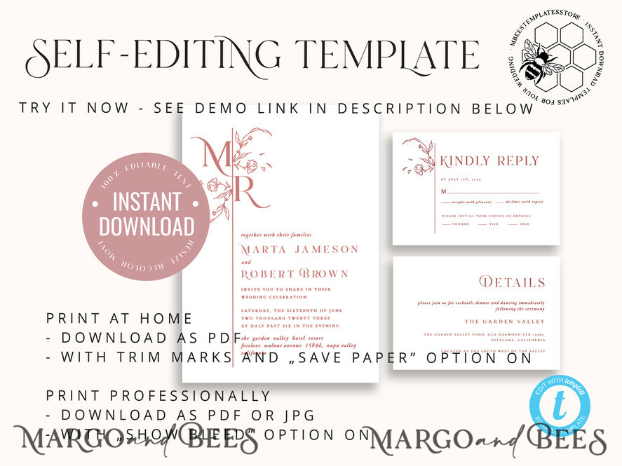 TEMPLETT wedding invitation download Modern wedding Invitations Set Template, Instant Download Printable Invites Home Printing, Simple Elegant Wedding Invitation Card Set WMin1