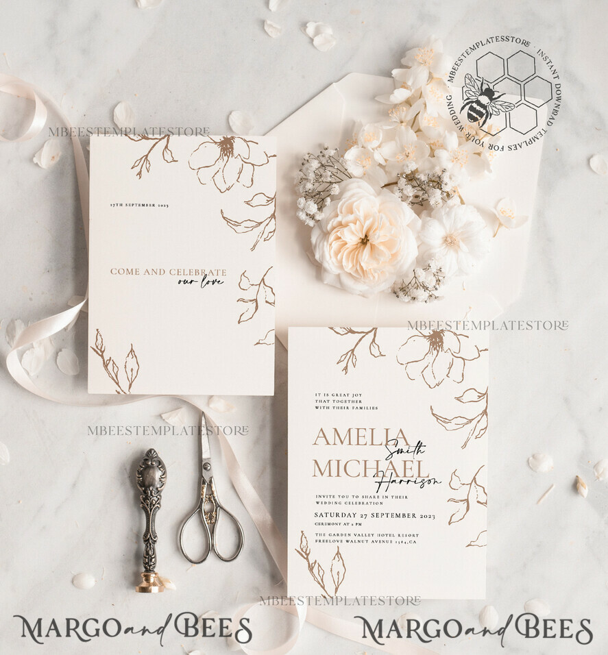 TEMPLETT wedding invitation download Fine art beige wedding invitation template, Instant download Boho Wedding Invites, Simple nude Invitation Printable Template Elegant Invites