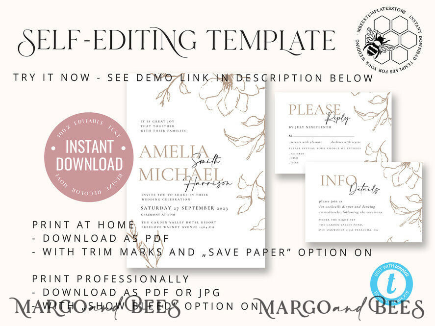 TEMPLETT wedding invitation download Fine art beige wedding invitation template, Instant download Boho Wedding Invites, Simple nude Invitation Printable Template Elegant Invites