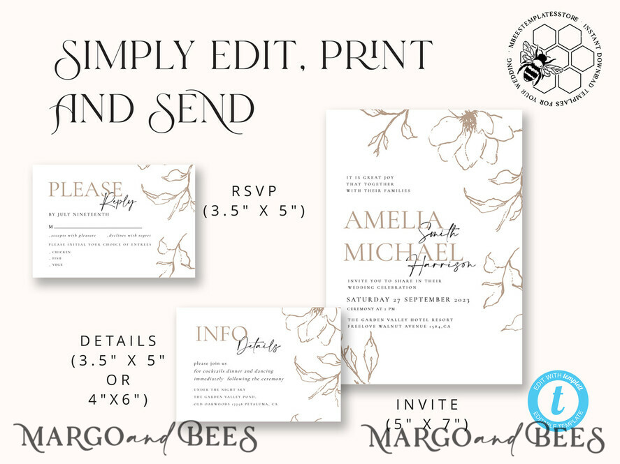 TEMPLETT wedding invitation download Fine art beige wedding invitation template, Instant download Boho Wedding Invites, Simple nude Invitation Printable Template Elegant Invites