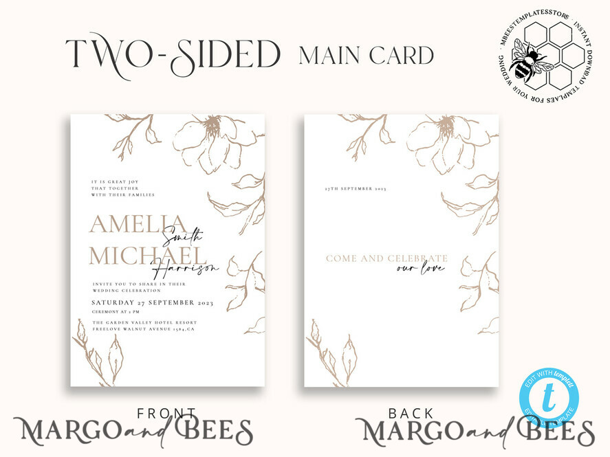 TEMPLETT wedding invitation download Fine art beige wedding invitation template, Instant download Boho Wedding Invites, Simple nude Invitation Printable Template Elegant Invites