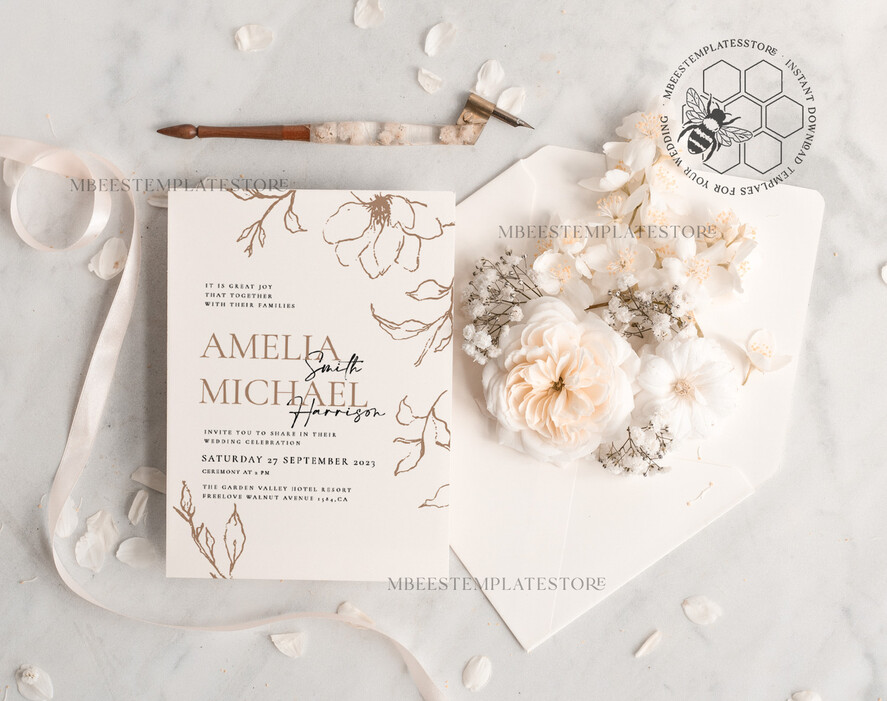 TEMPLETT wedding invitation download Fine art beige wedding invitation template, Instant download Boho Wedding Invites, Simple nude Invitation Printable Template Elegant Invites