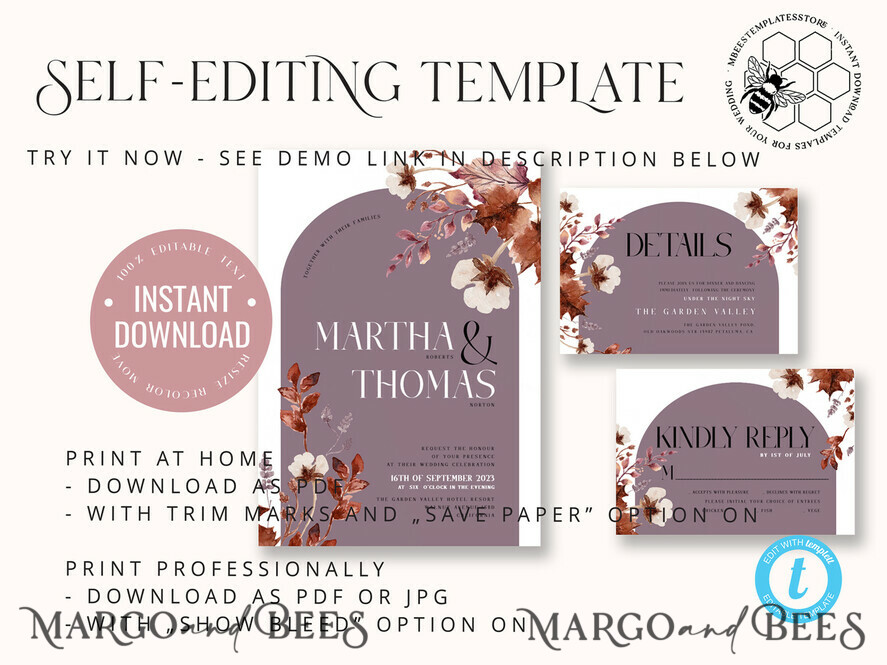 TEMPLETT wedding invitation download Rustic Arch wedding Invitations Set and Electronic Wedding Invitation Template, Instant Download Printable Invites Home Printing, Simple Boho Wedding Invitation Card Set