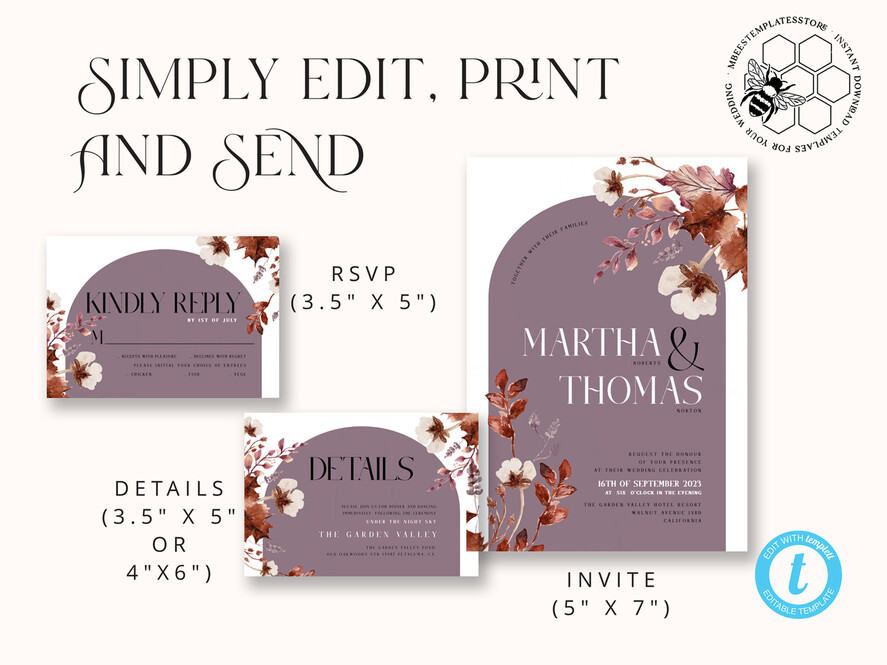 TEMPLETT wedding invitation download Rustic Arch wedding Invitations Set and Electronic Wedding Invitation Template, Instant Download Printable Invites Home Printing, Simple Boho Wedding Invitation Card Set