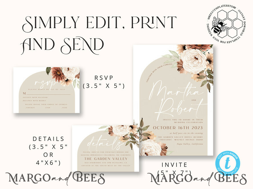 TEMPLETT wedding invitation download Boho Arch wedding Invitations Evite Set Template, Instant Download Printable Invites Home Printing, Simple Wedding Invitation Cards WBoho11