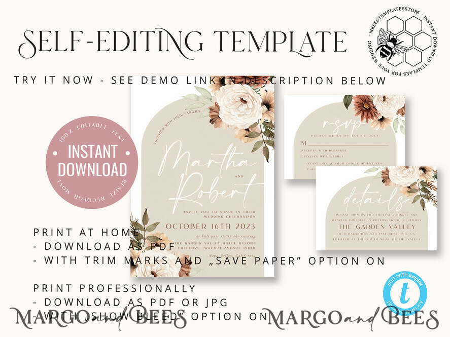 TEMPLETT wedding invitation download Boho Arch wedding Invitations Evite Set Template, Instant Download Printable Invites Home Printing, Simple Wedding Invitation Cards WBoho11