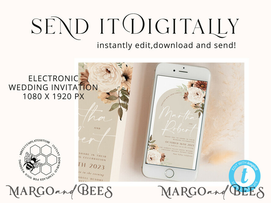 TEMPLETT wedding invitation download Boho Arch wedding Invitations Evite Set Template, Instant Download Printable Invites Home Printing, Simple Wedding Invitation Cards WBoho11