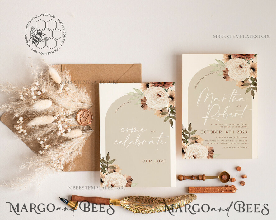 TEMPLETT wedding invitation download Boho Arch wedding Invitations Evite Set Template, Instant Download Printable Invites Home Printing, Simple Wedding Invitation Cards WBoho11