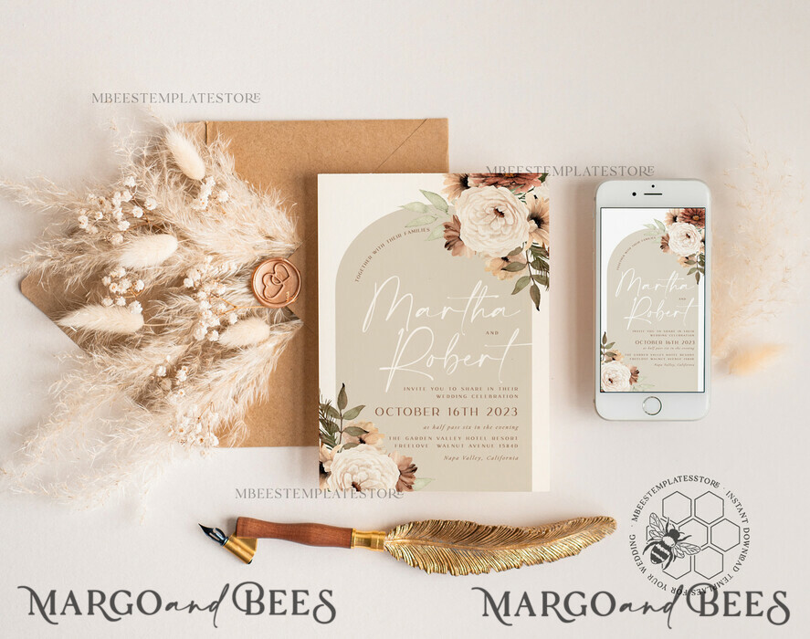 TEMPLETT wedding invitation download Boho Arch wedding Invitations Evite Set Template, Instant Download Printable Invites Home Printing, Simple Wedding Invitation Cards WBoho11