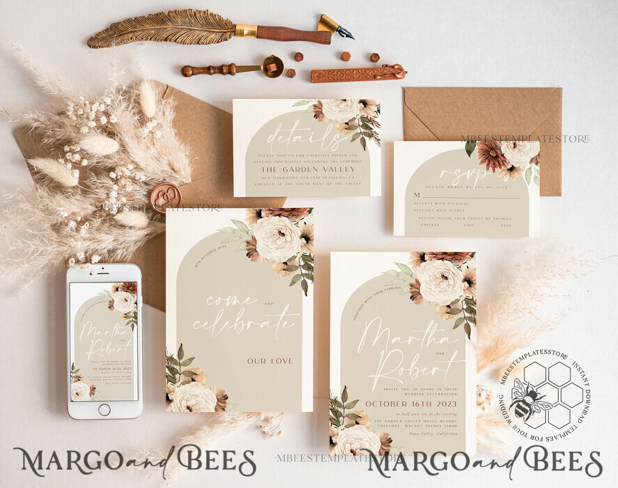 TEMPLETT wedding invitation download Boho Arch wedding Invitations Evite Set Template, Instant Download Printable Invites Home Printing, Simple Wedding Invitation Cards WBoho11