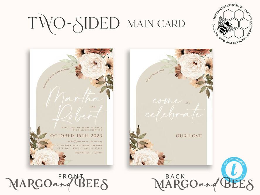 TEMPLETT wedding invitation download Boho Arch wedding Invitations Evite Set Template, Instant Download Printable Invites Home Printing, Simple Wedding Invitation Cards WBoho11