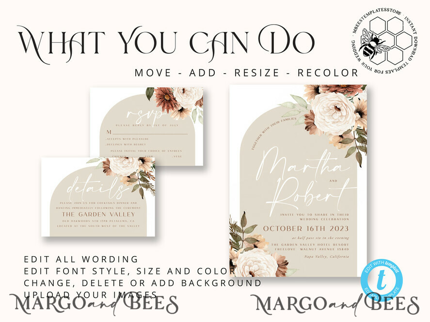 TEMPLETT wedding invitation download Boho Arch wedding Invitations Evite Set Template, Instant Download Printable Invites Home Printing, Simple Wedding Invitation Cards WBoho11