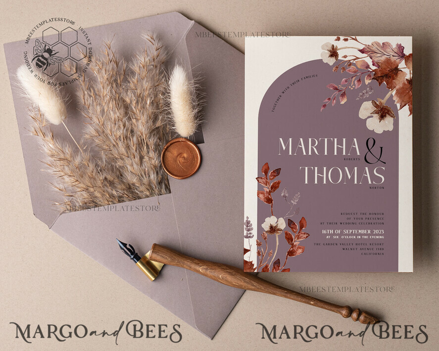 TEMPLETT wedding invitation download Rustic Arch wedding Invitations Set Template, Instant Download Printable Invites Home Printing, Simple Boho Wedding Invitation Card Set