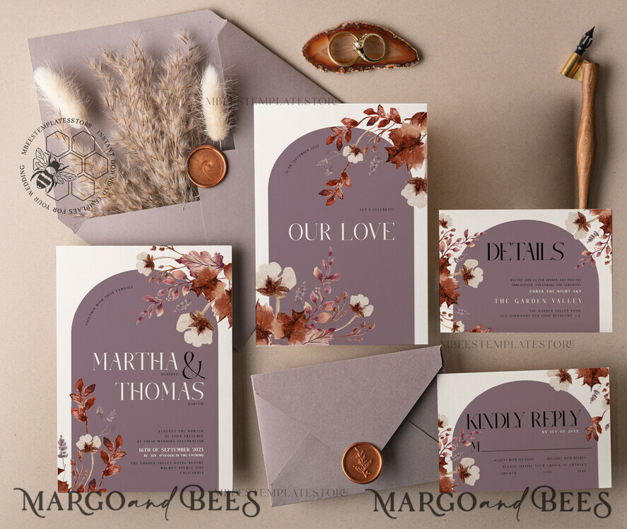 TEMPLETT wedding invitation download Rustic Arch wedding Invitations Set Template, Instant Download Printable Invites Home Printing, Simple Boho Wedding Invitation Card Set