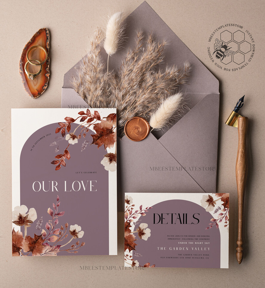 TEMPLETT wedding invitation download Rustic Arch wedding Invitations Set Template, Instant Download Printable Invites Home Printing, Simple Boho Wedding Invitation Card Set