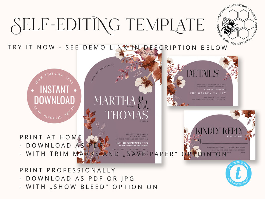 TEMPLETT wedding invitation download Rustic Arch wedding Invitations Set Template, Instant Download Printable Invites Home Printing, Simple Boho Wedding Invitation Card Set