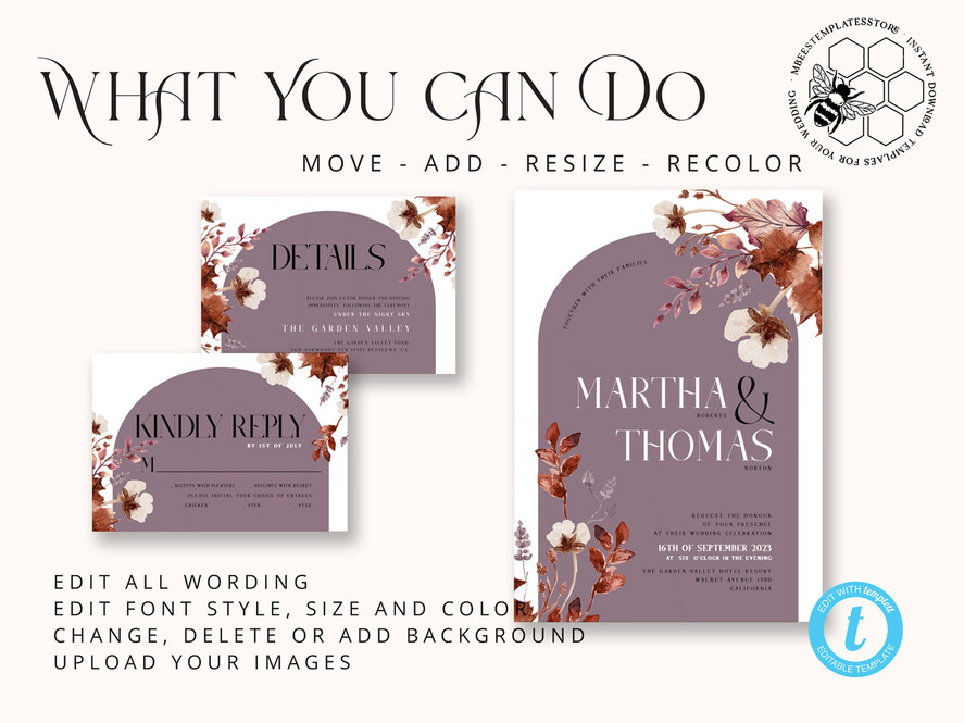 TEMPLETT wedding invitation download Rustic Arch wedding Invitations Set Template, Instant Download Printable Invites Home Printing, Simple Boho Wedding Invitation Card Set