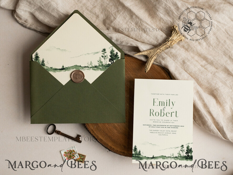 TEMPLETT wedding invitation download Forest Simple wedding invitation template, Instant download Mountain Simple Wedding Invites, Greenery Wedding Invitation Printable Template, Forest invites