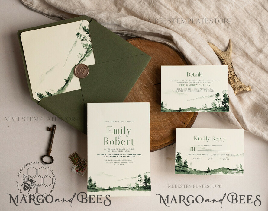 TEMPLETT wedding invitation download Forest Simple wedding invitation template, Instant download Mountain Simple Wedding Invites, Greenery Wedding Invitation Printable Template, Forest invites