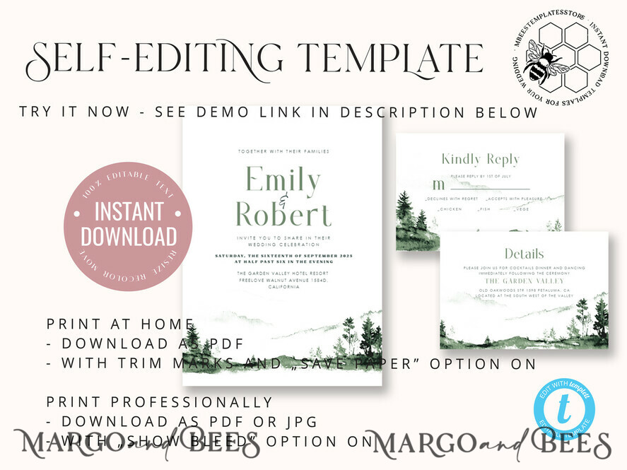 TEMPLETT wedding invitation download Forest Simple wedding invitation template, Instant download Mountain Simple Wedding Invites, Greenery Wedding Invitation Printable Template, Forest invites
