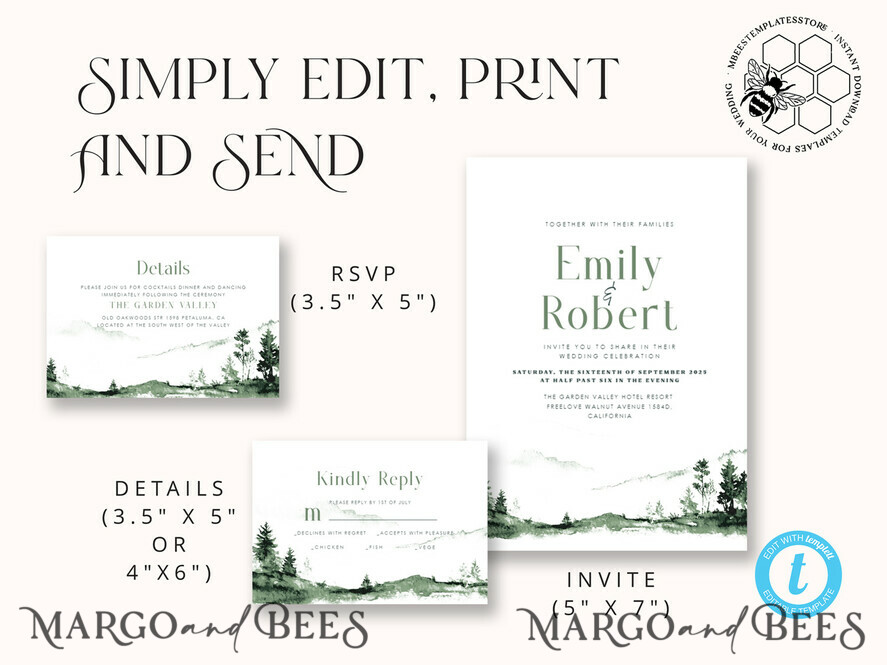 TEMPLETT wedding invitation download Forest Simple wedding invitation template, Instant download Mountain Simple Wedding Invites, Greenery Wedding Invitation Printable Template, Forest invites