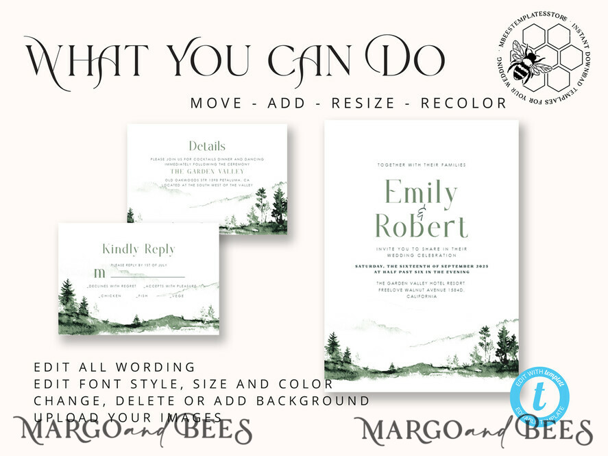 TEMPLETT wedding invitation download Forest Simple wedding invitation template, Instant download Mountain Simple Wedding Invites, Greenery Wedding Invitation Printable Template, Forest invites