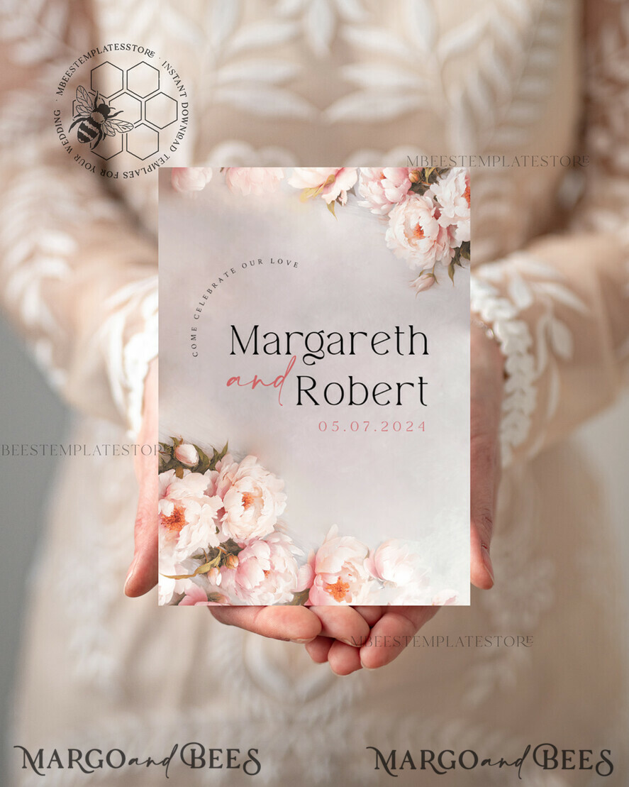 TEMPLETT  
 Hochzeits Einladung Download Blush Pink Vintage Malerei Öl Blumen Hochzeitskarten Set Vorlage, Sofort-Download Druckbare Einladungen Home Printing, Einfache Karten