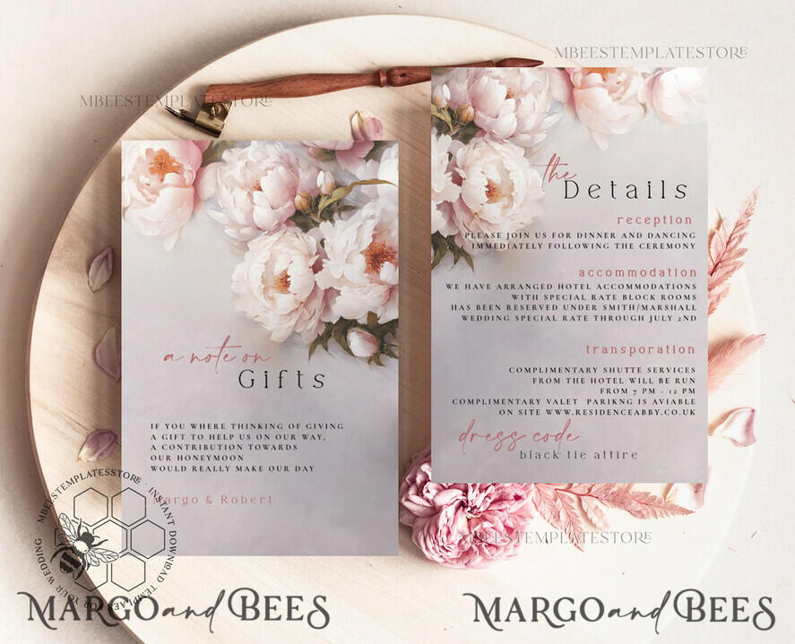 TEMPLETT  
 Hochzeits Einladung Download Blush Pink Vintage Malerei Öl Blumen Hochzeitskarten Set Vorlage, Sofort-Download Druckbare Einladungen Home Printing, Einfache Karten