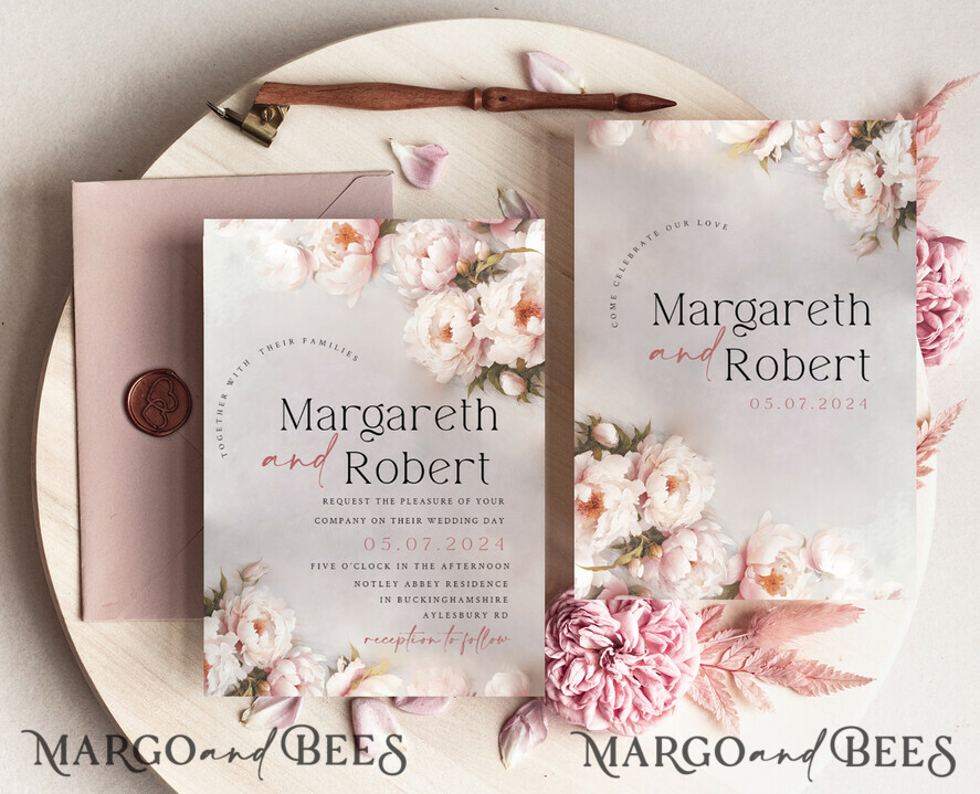 TEMPLETT  
 Hochzeits Einladung Download Blush Pink Vintage Malerei Öl Blumen Hochzeitskarten Set Vorlage, Sofort-Download Druckbare Einladungen Home Printing, Einfache Karten
