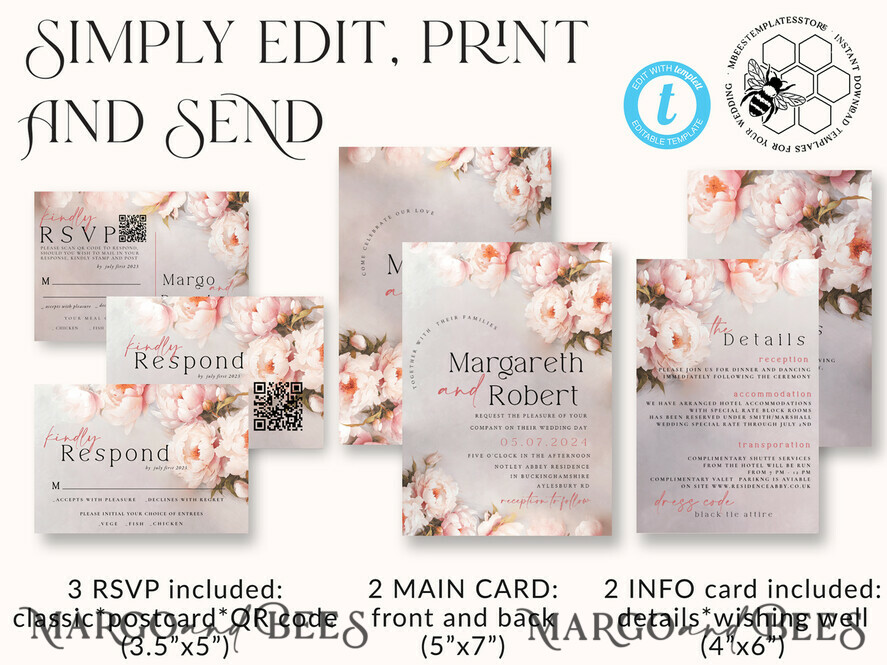 TEMPLETT  
 Hochzeits Einladung Download Blush Pink Vintage Malerei Öl Blumen Hochzeitskarten Set Vorlage, Sofort-Download Druckbare Einladungen Home Printing, Einfache Karten