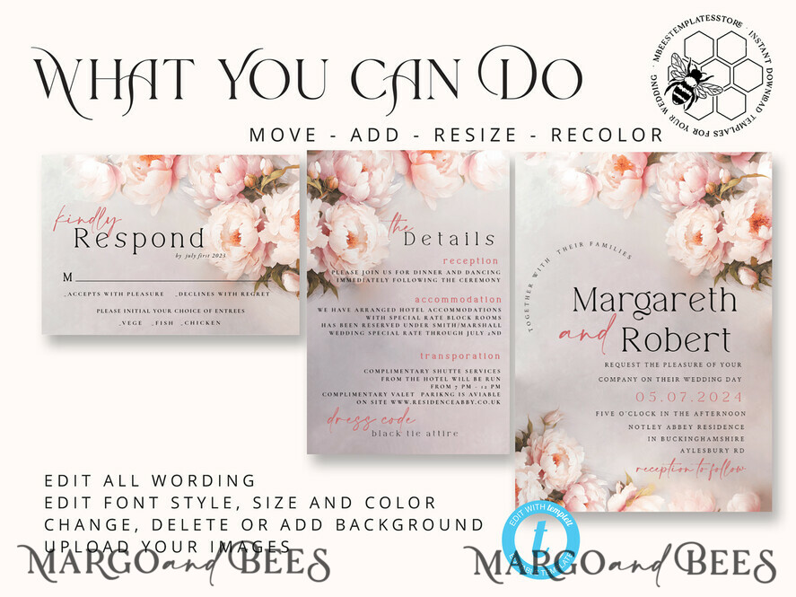 TEMPLETT  
 Hochzeits Einladung Download Blush Pink Vintage Malerei Öl Blumen Hochzeitskarten Set Vorlage, Sofort-Download Druckbare Einladungen Home Printing, Einfache Karten