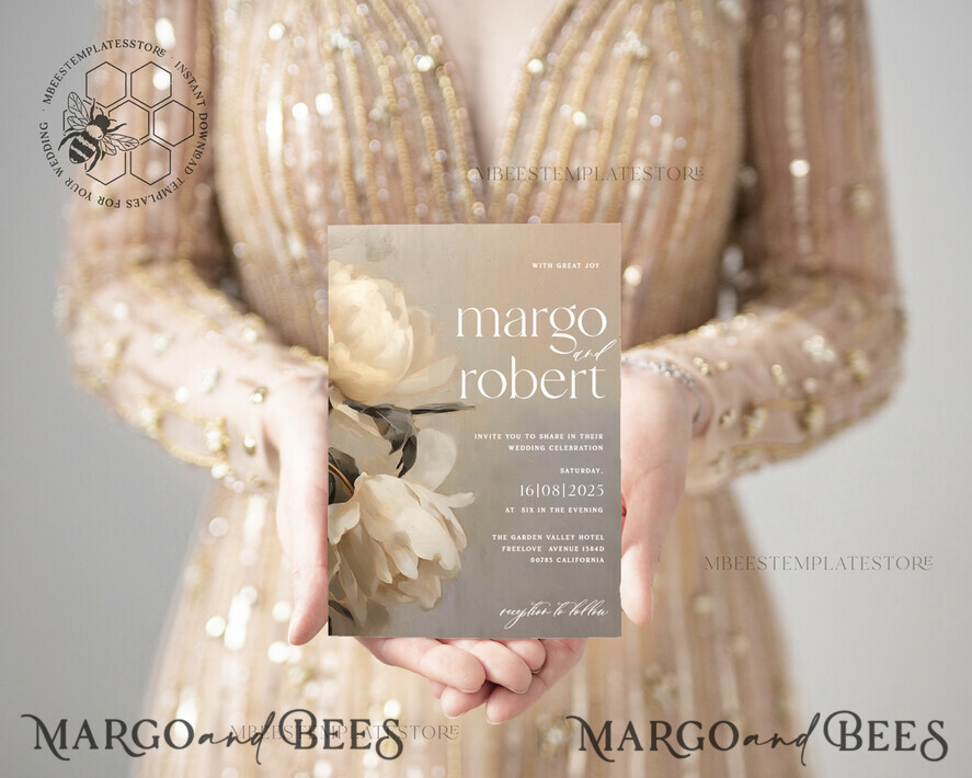 TEMPLETT  
 Hochzeits Einladung Download Romantische Vintage Rosen Malerei Öl Hochzeitskarten Set Vorlage, Sofortiger Download Druckbare Einladungen Heimdruck, Einfache Karten