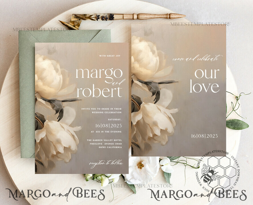 TEMPLETT  
 Hochzeits Einladung Download Romantische Vintage Rosen Malerei Öl Hochzeitskarten Set Vorlage, Sofortiger Download Druckbare Einladungen Heimdruck, Einfache Karten