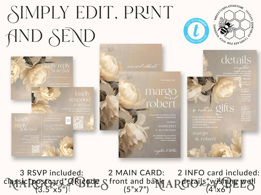 TEMPLETT  
 Hochzeits Einladung Download Romantische Vintage Rosen Malerei Öl Hochzeitskarten Set Vorlage, Sofortiger Download Druckbare Einladungen Heimdruck, Einfache Karten