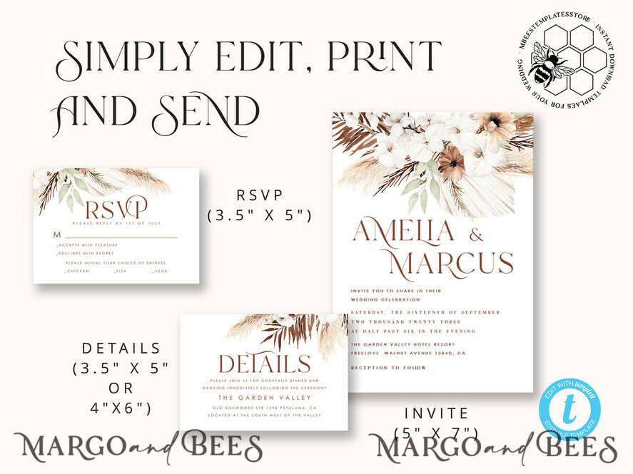 TEMPLETT wedding invitation download Boho fall wedding Invitations Set Template, Instant Download Printable Invites Home Printing, Terracotta Autumn Wedding Invitation Card Set