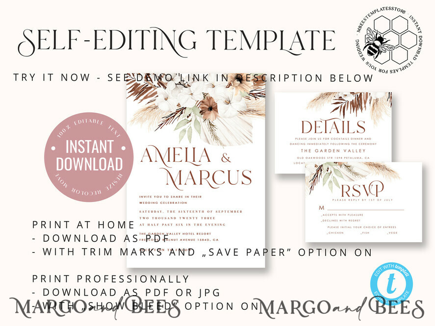 TEMPLETT wedding invitation download Boho fall wedding Invitations Set Template, Instant Download Printable Invites Home Printing, Terracotta Autumn Wedding Invitation Card Set