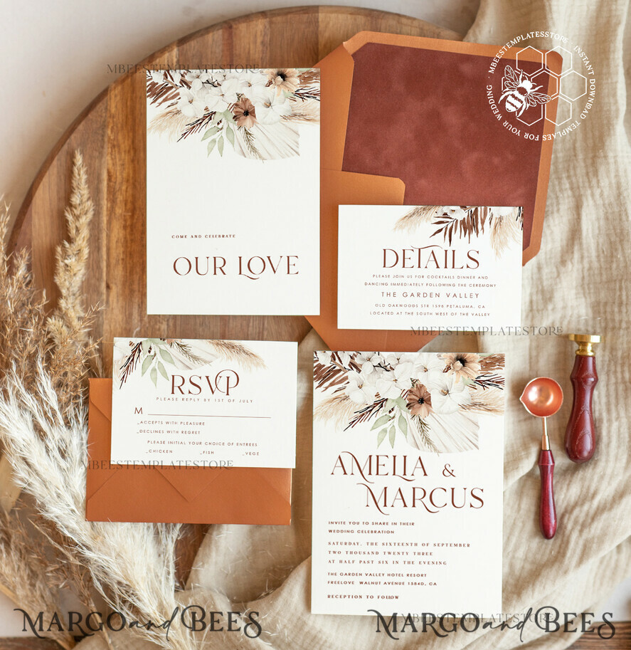 Boho fall wedding Invitations Set Template Instant Download